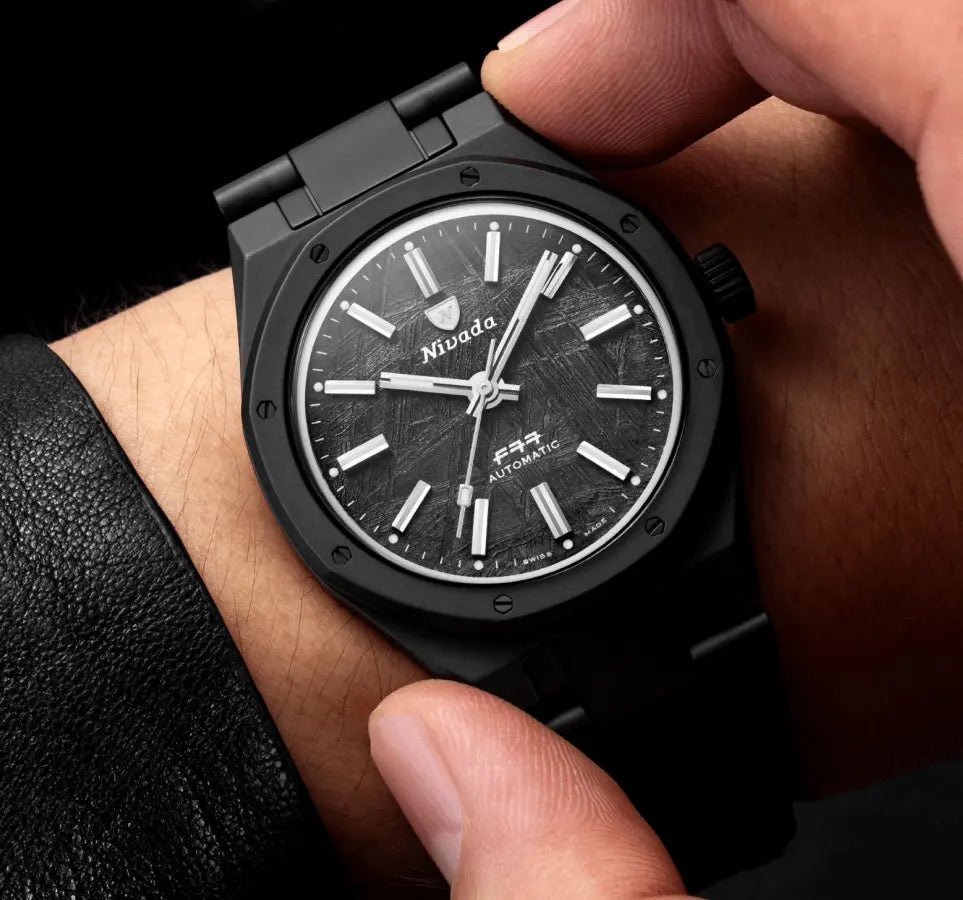 NIVADA GRENCHEN AUTOMATIC F77 BLACK CERAMIC METEORITE DIAL 37MM 68020A77