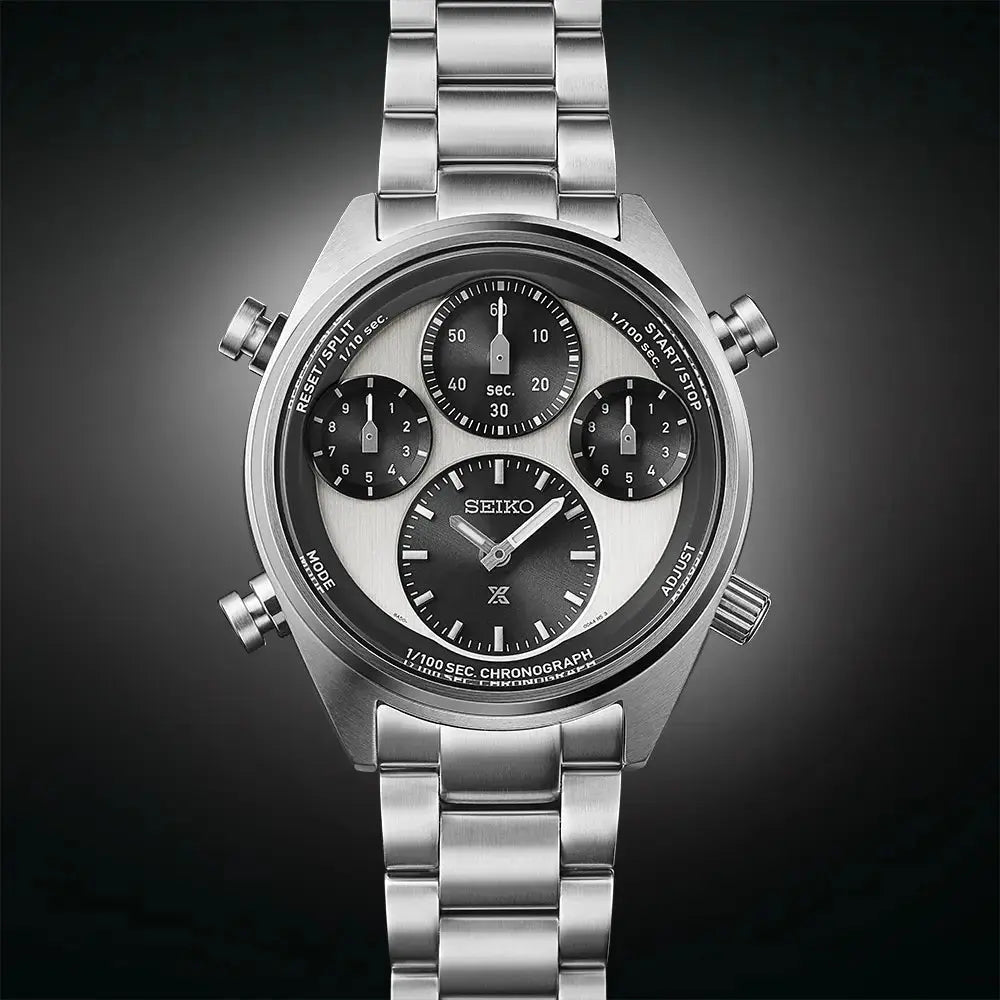 SEIKO WATCH PROSPEX 42MM SFJ001P1 ‘PANDA’ ONE HUNDREDTH OF A SECOND SPEEDTIMER SOLAR CHRONOGRAPH